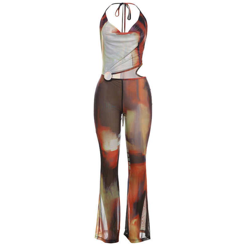 Fall Clothing Backless Mesh Contrast Color Lace Up Micro Pull Jumpsuit