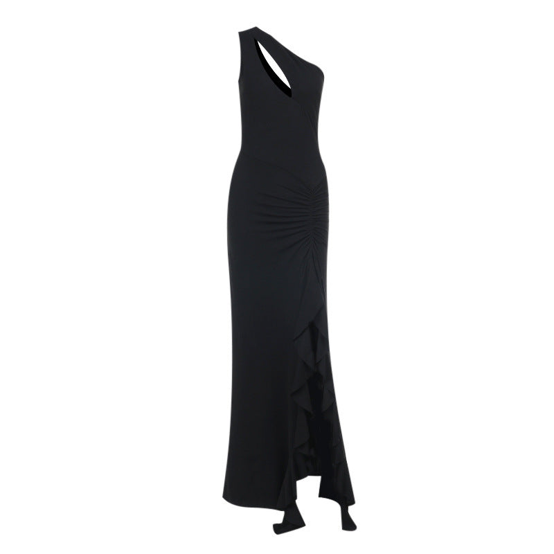 Spring Maxi Dress Slim One Shoulder Frill Ribbon Dress