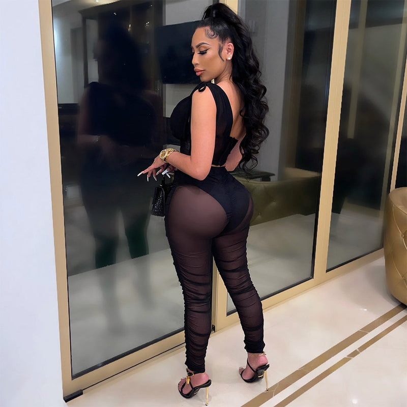 Clothing Mesh See-through Irregular Asymmetric Top Two-piece Set