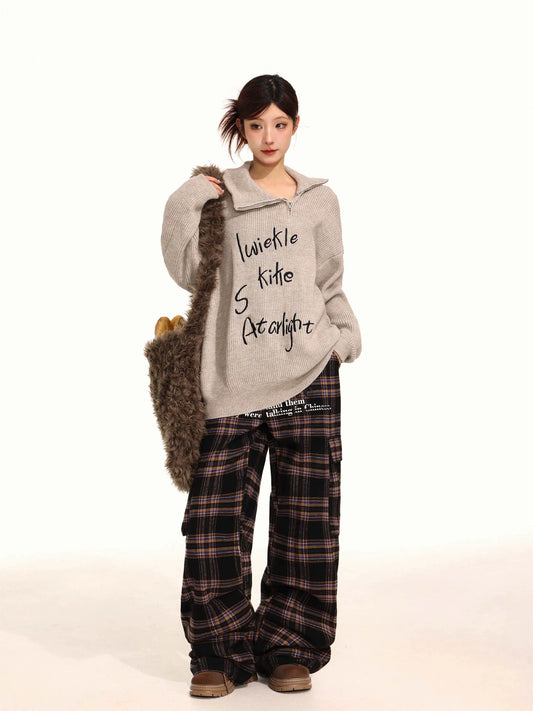 Retro Turndown Collar Half-zip Sweater