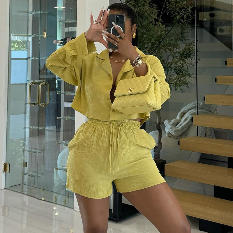 Clothing Summer Sweet Fresh Suit Collar Long Sleeve Shirt High Waist Drawstring Shorts Suit