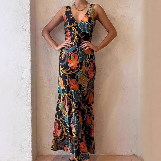 Positioning Printing Backless Sleeveless Swing Maxi Dress