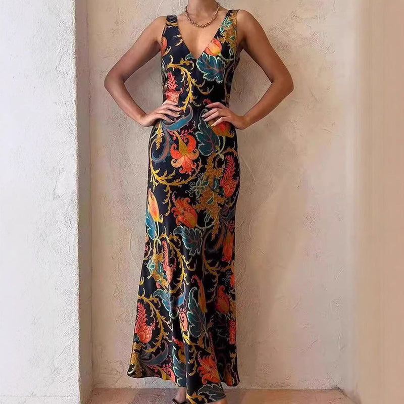 Positioning Printing Backless Sleeveless Swing Maxi Dress
