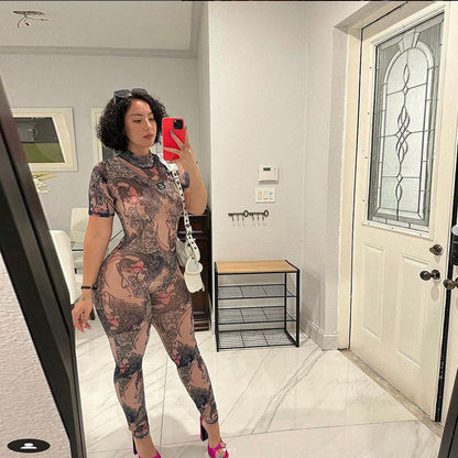 Summer Clothing See Through Mesh Print Hollow Out Cutout Backless Tight Jumpsuit