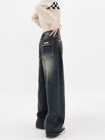 High Street Deep Blue Wide-leg Denim Pants