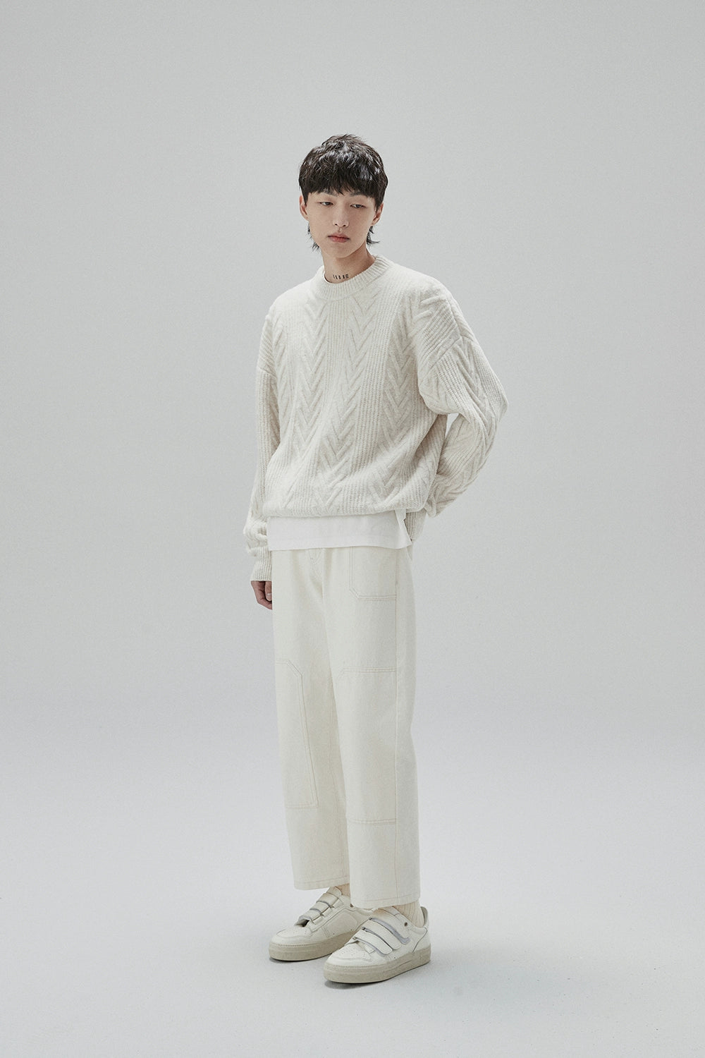 Cream Cable Knit Sweater With Chevron Pattern