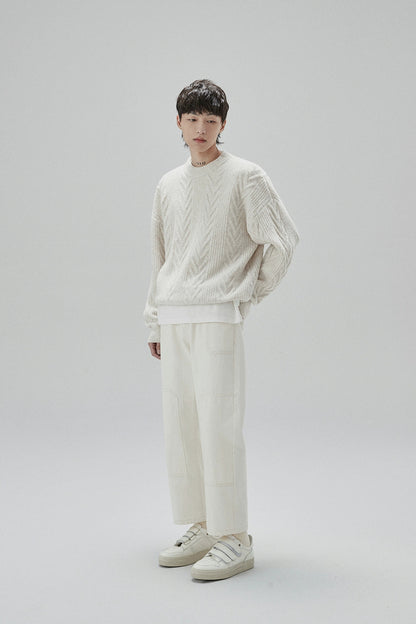 Cream Cable Knit Sweater With Chevron Pattern