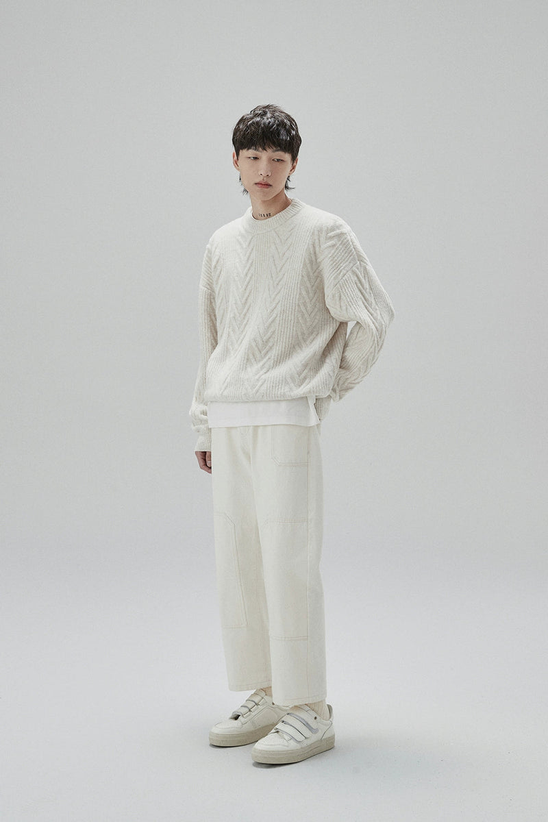 Cream Cable Knit Sweater With Chevron Pattern