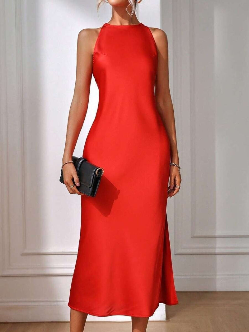 Satin Dress Clothing Spring Summer Sleeveless Split Satin Imitation Silk Maxi Dress