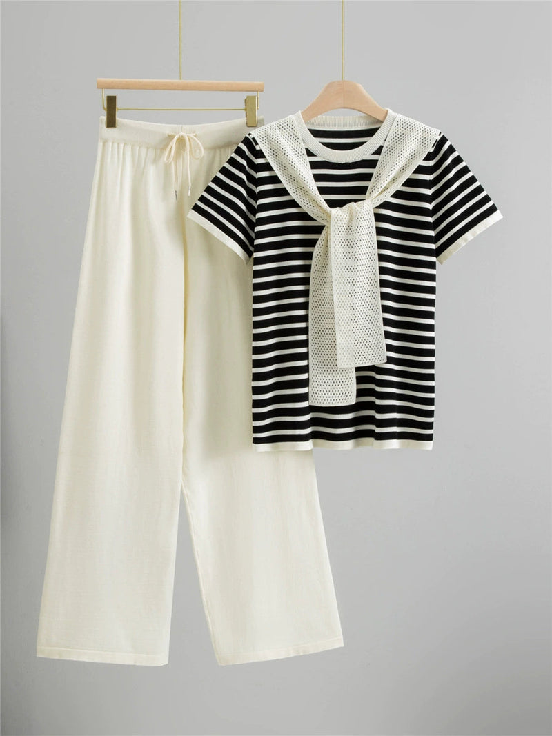 Apricot – Drawstring Short-sleeve Striped Two-piece Set
