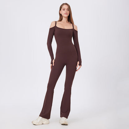 Autumn Winter Tight Nude Feel Yoga Clothes With Chest Pad Long Sleeve Off the Shoulder Sports Fitness Running One Piece Bell Bottom Pants