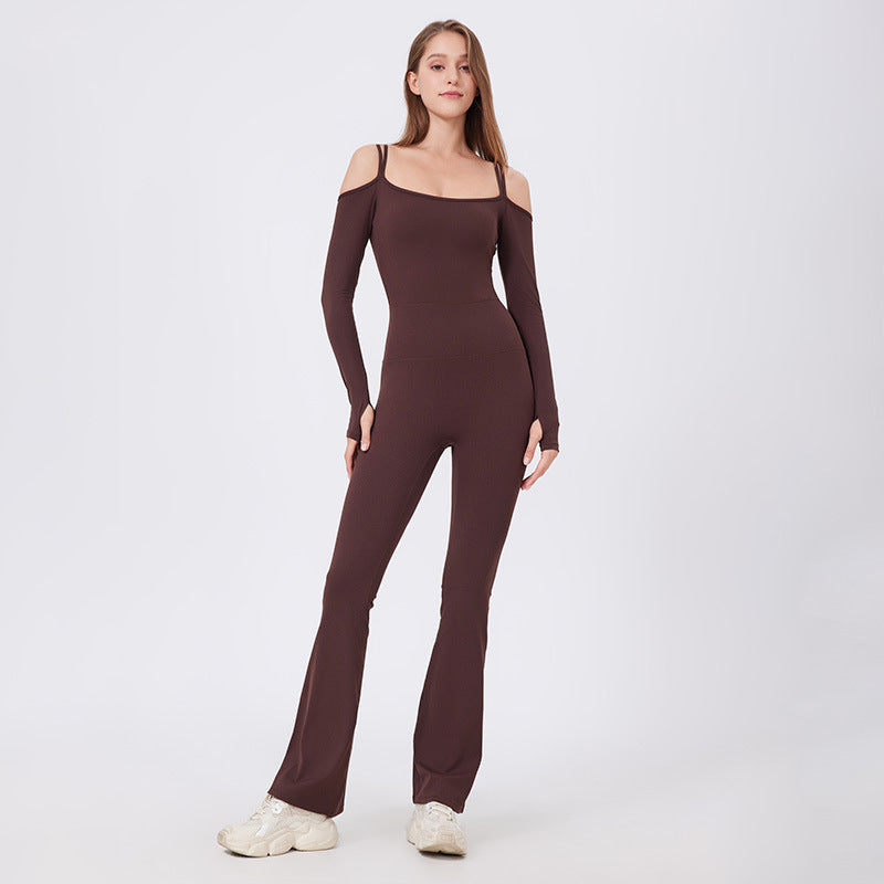 Autumn Winter Tight Nude Feel Yoga Clothes With Chest Pad Long Sleeve Off the Shoulder Sports Fitness Running One Piece Bell Bottom Pants