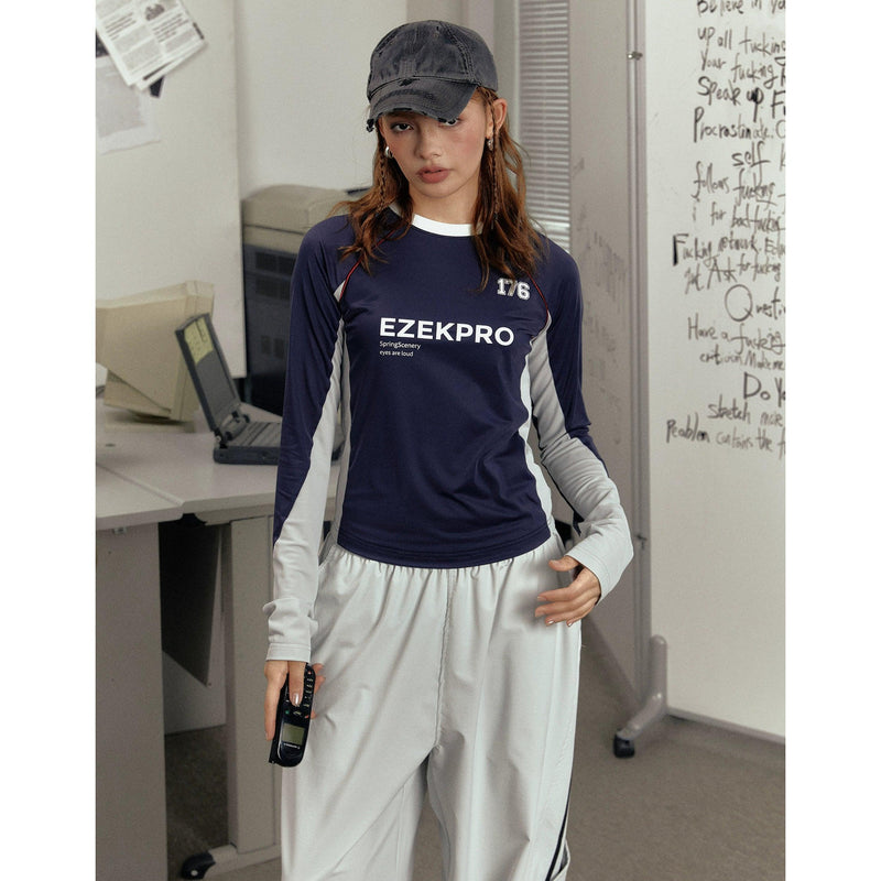 Ezek Long Sleeve Crop Top - Athletic Colorblock T-shirt With Logo Print and Ringer Neckline
