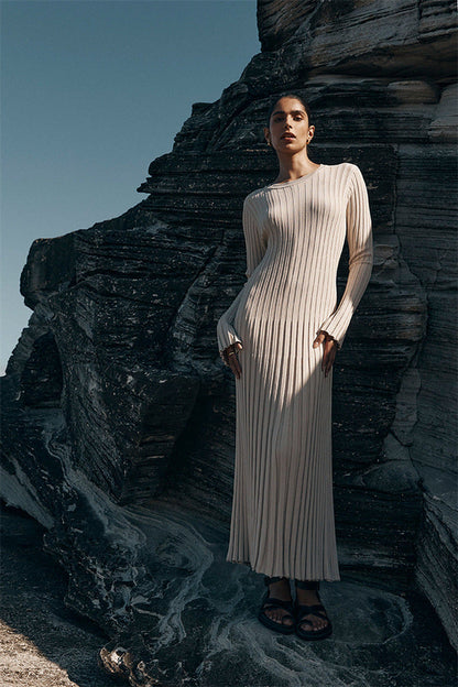 Long Sleeve Round Neck Tight Knitted Dress Autumn Sweater Dress Sunken Stripe Color Base Dress