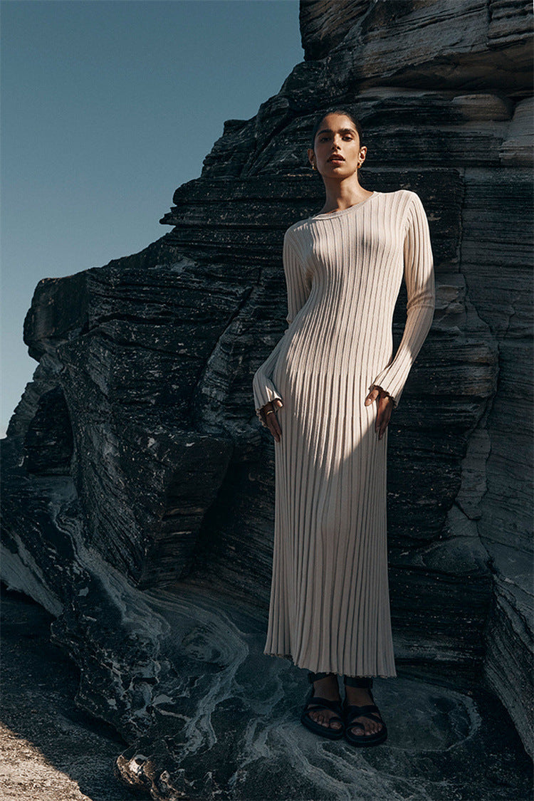 Long Sleeve Round Neck Tight Knitted Dress Autumn Sweater Dress Sunken Stripe Color Base Dress