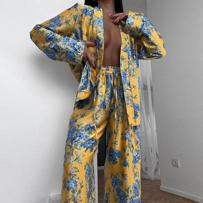 Autumn Winter Satin Printed Long Sleeve Lace Up Two Piece Set High Waist Wide Leg Pants Set