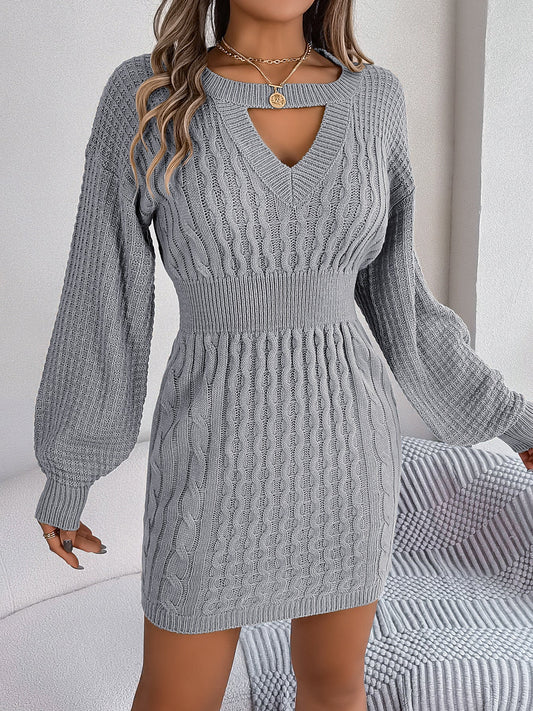 Autumn Winter Color Twist Hollow Out Cutout Out Lantern Sleeve Package Hip Sweater Dress Clothing