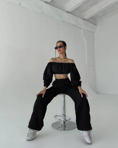 Two Piece Summer Pure Cotton Champray Color Off Neck Short Sleeved Top High Waist Wide Leg Pants Suit