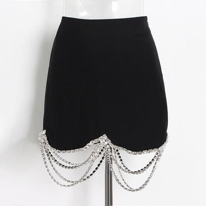 Skirt Set Autumn Rhinestone Chain Stitching Black Short Sheath Slim Skirt