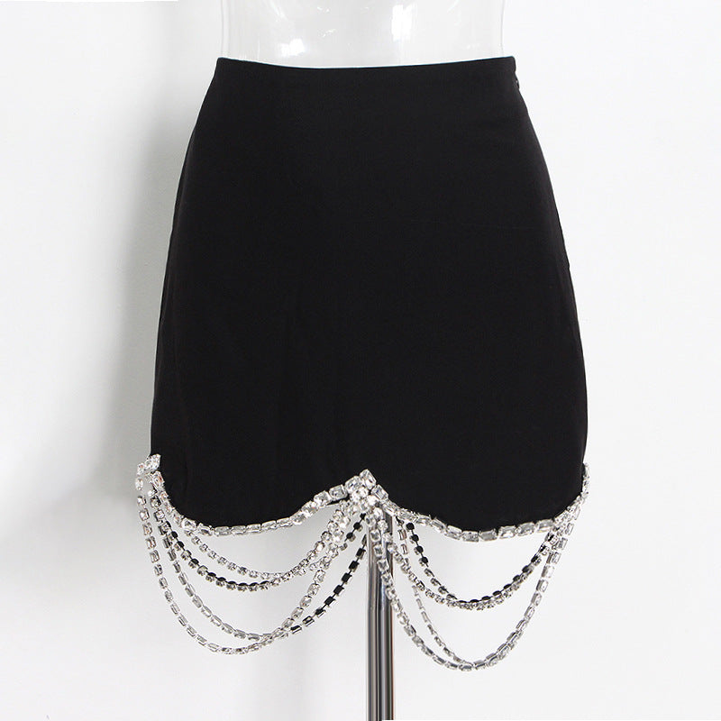 Skirt Set Autumn Rhinestone Chain Stitching Black Short Sheath Slim Skirt