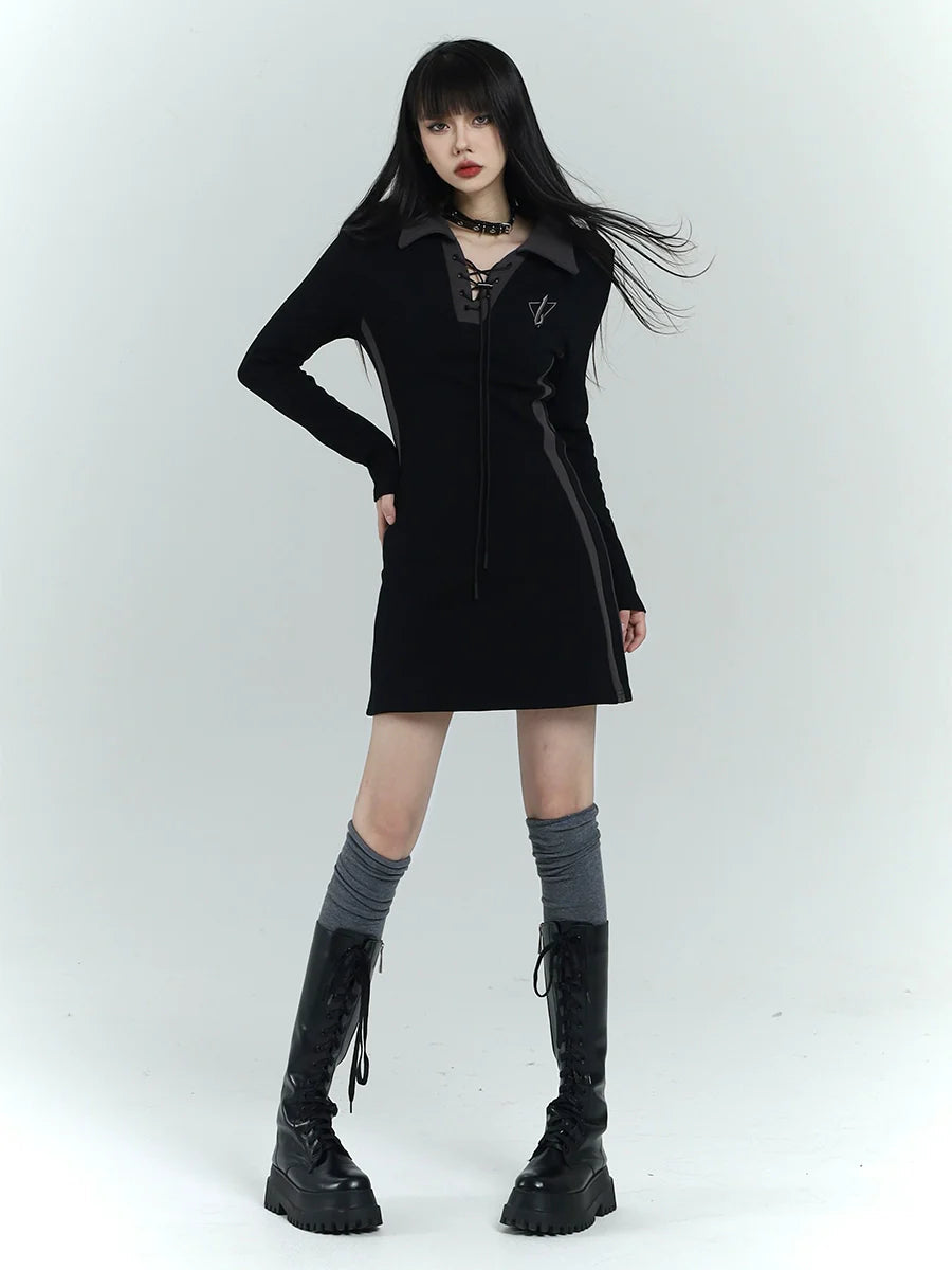 Lace-up Collar Mini Dress