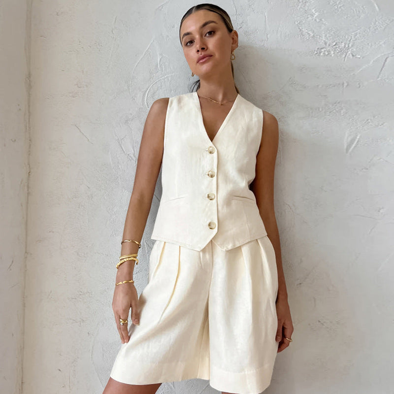Beige Cotton Linen Sleeveless Vest Waistcoat Suit Summer Loose Breathable Clothing Two Piece Suit