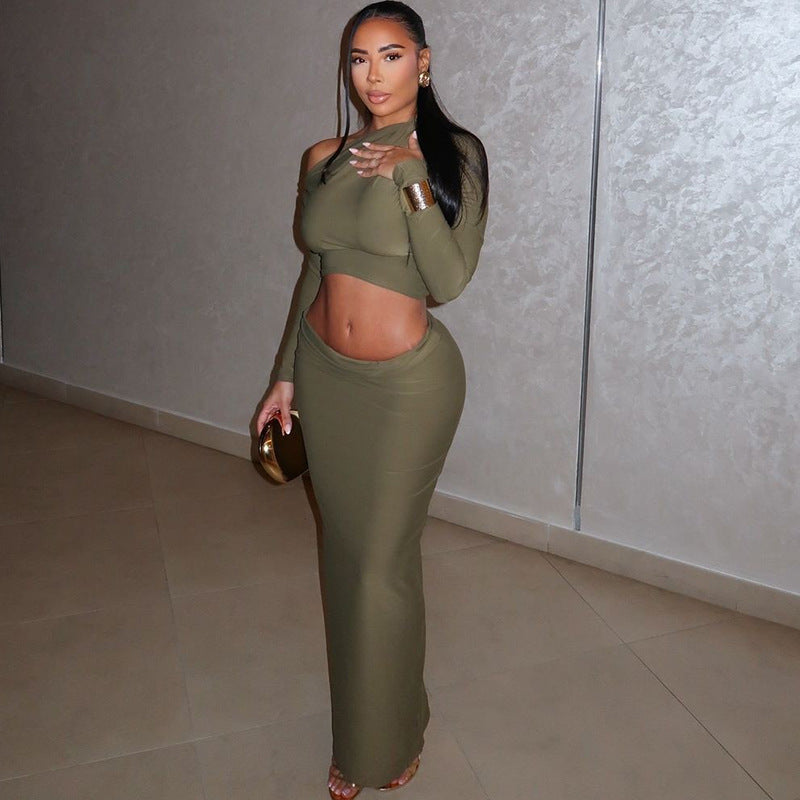 Clothing Comfort Color Cropped Skirt Set Maxi Dress Long Sleeve Diagonal Collar Two Piece Set
