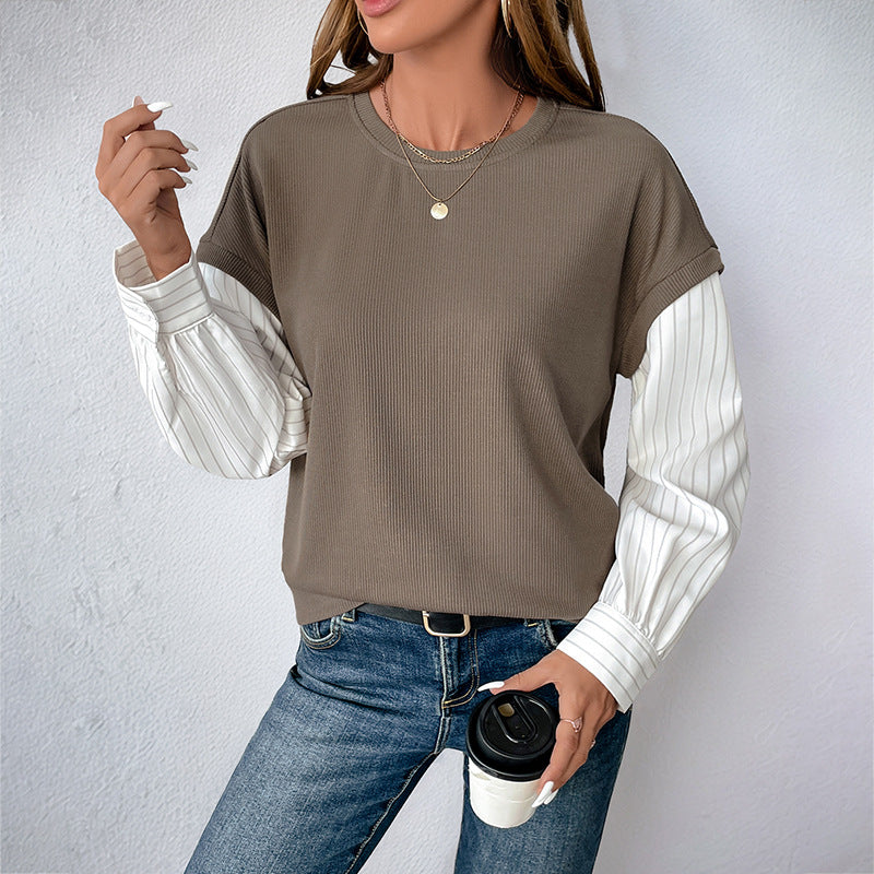 Autumn Long Sleeve Faux Two Piece Color Matching Knitted Round Neck Sweatshirt