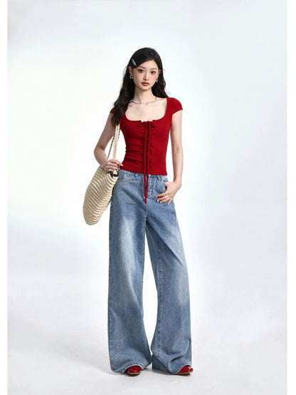 Tie-up Low-neck Short-sleeve T-shirt