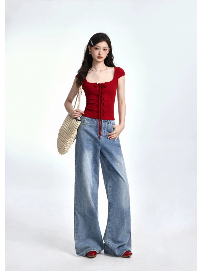 Tie-up Low-neck Short-sleeve T-shirt
