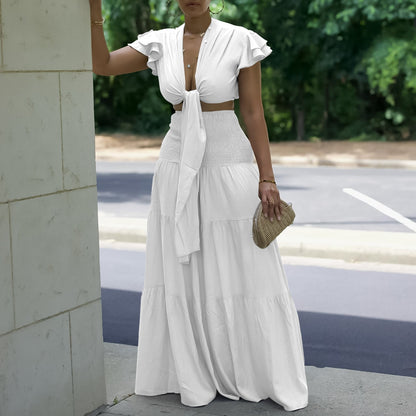 Short Sleeve Tied Top Wide Leg Pants Two Piece Set