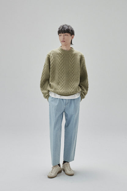 Cream Cable Knit Sweater With Chevron Pattern