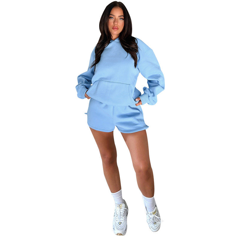 Autumn Winter Color Long-sleeved Hooded Sweaters Clothing Two Piece Shorts Sets