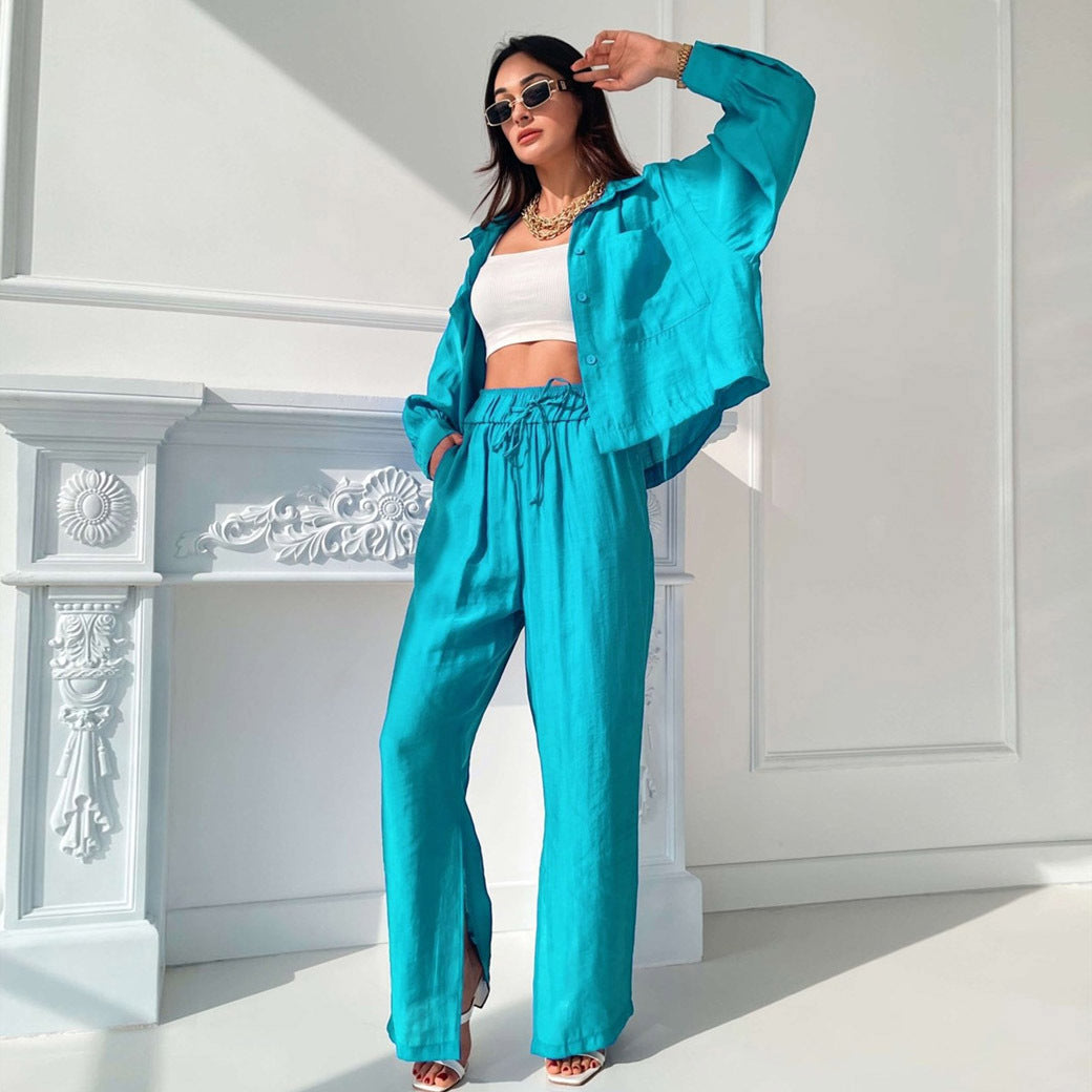 Commuting Wear Spring Summer Polo Collar Shirt Top Split Wide Leg Pants Two Piece Set Set