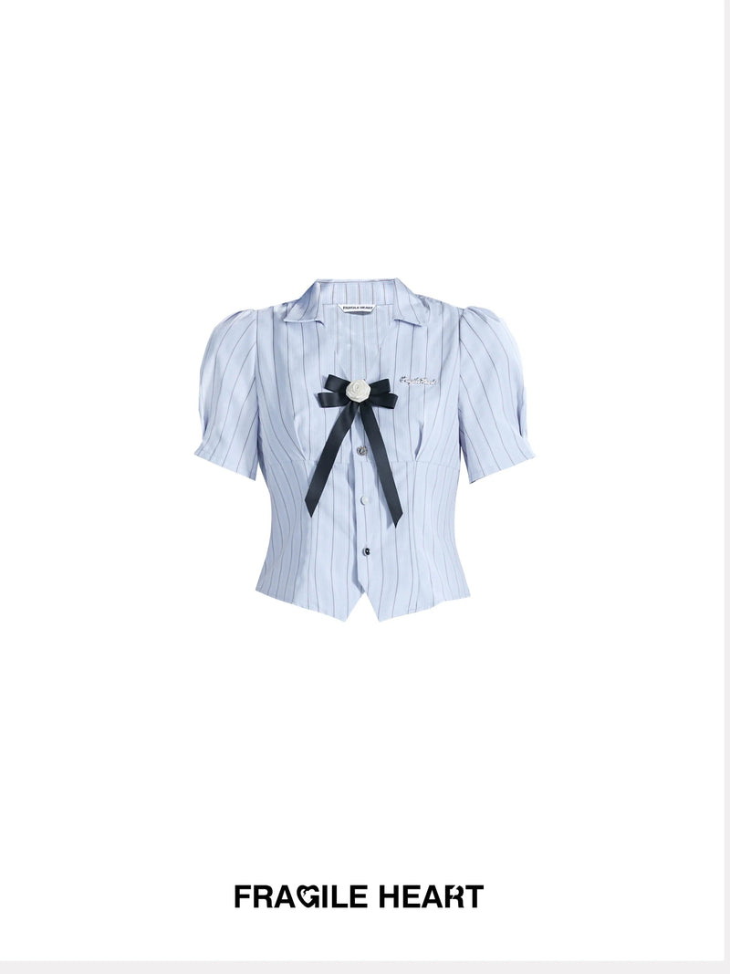 Fragile Heart Preppy Duo: Gray Pleated Mini Skirt and Bow-tie Cropped Blouse Set