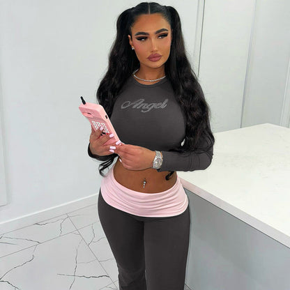 Clothing Autumn Contrast Color Round Neck Long Sleeve Bell Bottom Pants Two Piece Set Rhinestone Suit