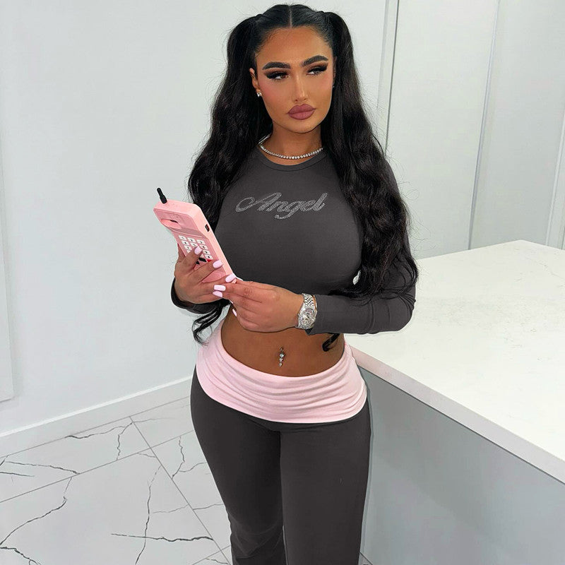 Clothing Autumn Contrast Color Round Neck Long Sleeve Bell Bottom Pants Two Piece Set Rhinestone Suit