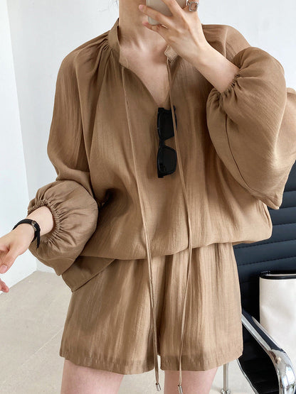 Summer Sports Lace-up Long Sleeve Sun Protection Clothing Wide Leg Shorts Suit Two-piece Set