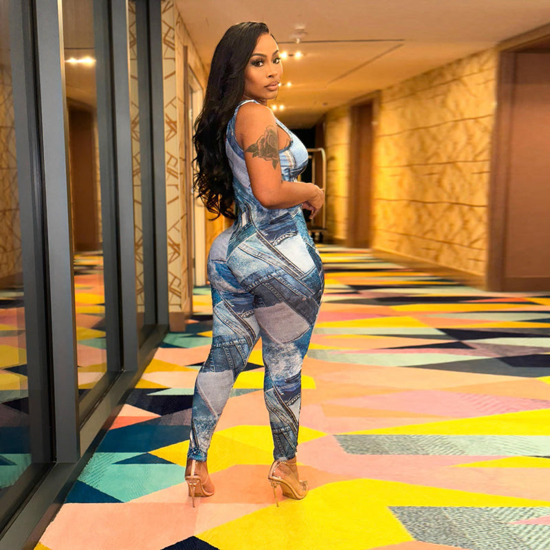 Clothing Summer Imitation Denim Printed Slim Fitting Suspenders Vest Jumpsuit