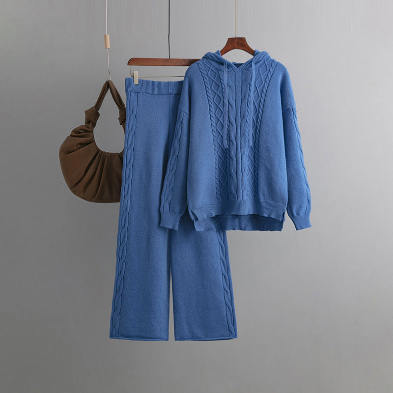 Autumn Winter Suit Hoodie With Drawstrings Loose Sweater Draping Wide Leg Trousers Twist Two Piece Suit