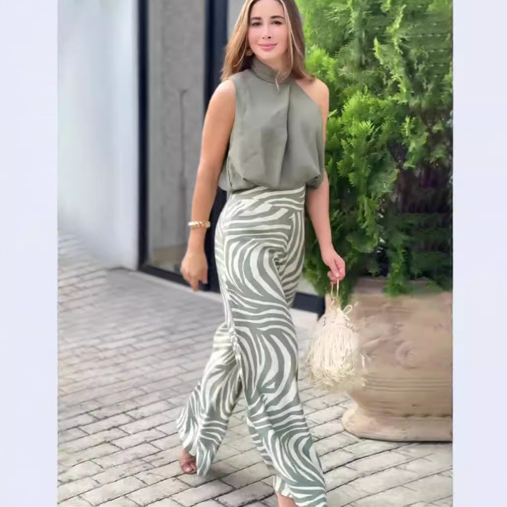 Summer Sleeveless Halter Top Zebra Print Wide Leg Pants Two Piece Set Clothing