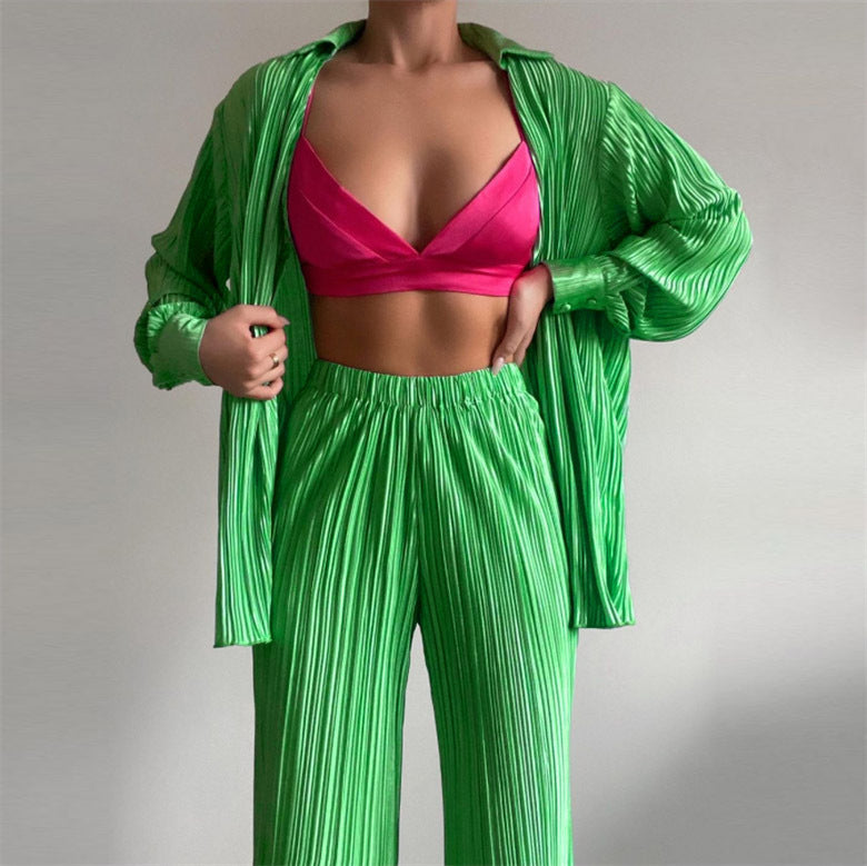 Summer Suit Clothing Pleated Long Sleeve V Neck Shirt Pants Two Piece Set