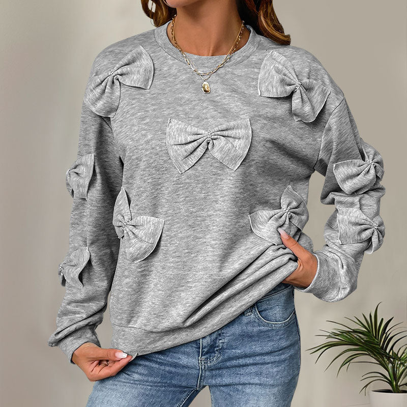 Autumn Bow Stitching Gray Round Collar Sweatshirt
