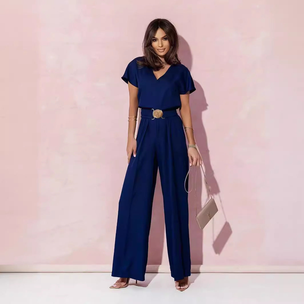 Clothing Color V Neck Tight Waist Short Sleeve Trousers Jumpsuit