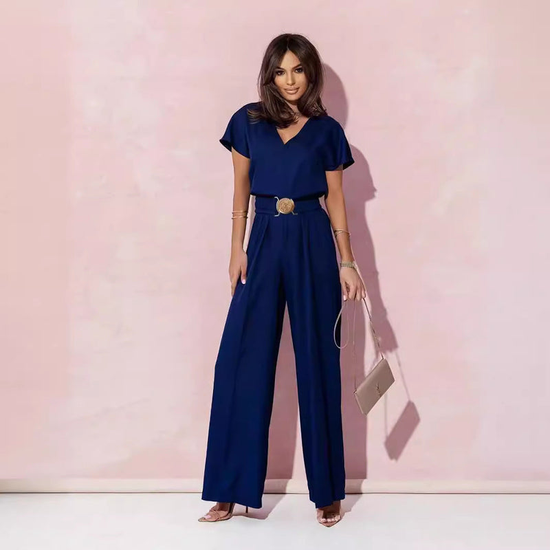 Clothing Color V Neck Tight Waist Short Sleeve Trousers Jumpsuit
