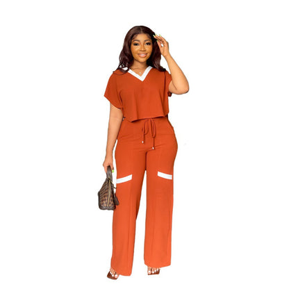 Color Short Sleeved T Shirt Sports Suit Straight Leg Pants Summer Two Piece Set