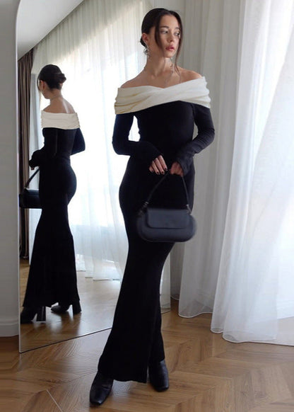 Noir Elegance - Off-shoulder Contrast Maxi Dress