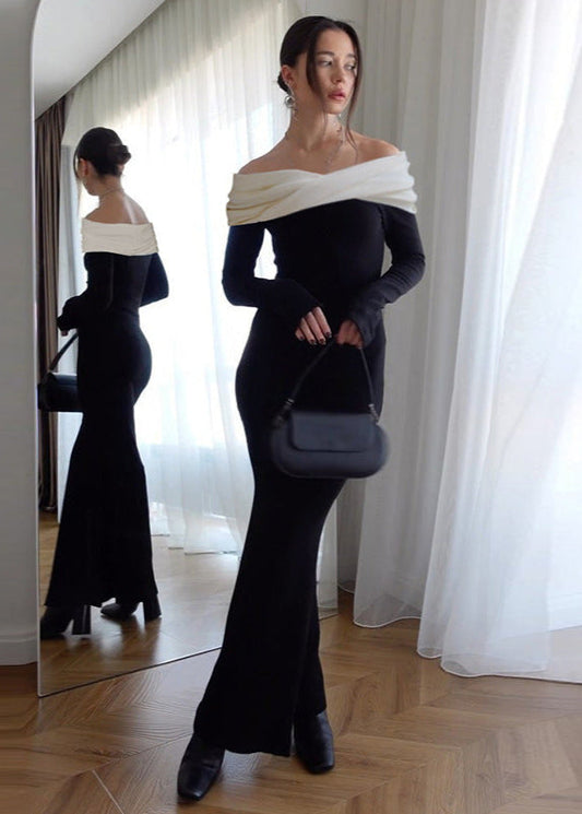 Noir Elegance - Off-shoulder Contrast Maxi Dress