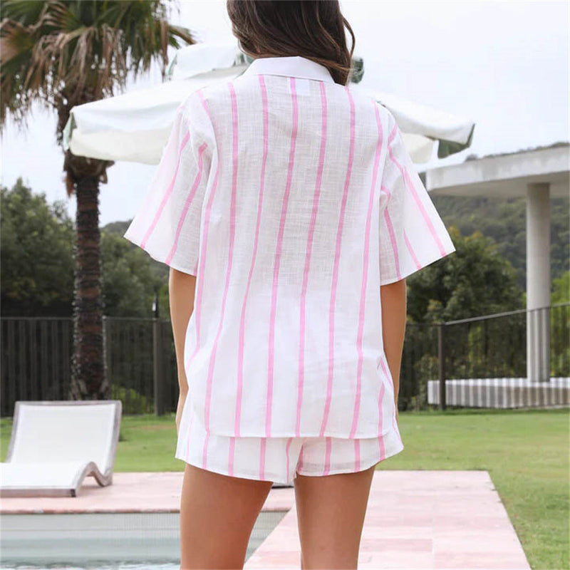 Spring Summer Striped Printed Short Sleeve Shirt Shorts Suit Beach Two Piece Suit Clothing