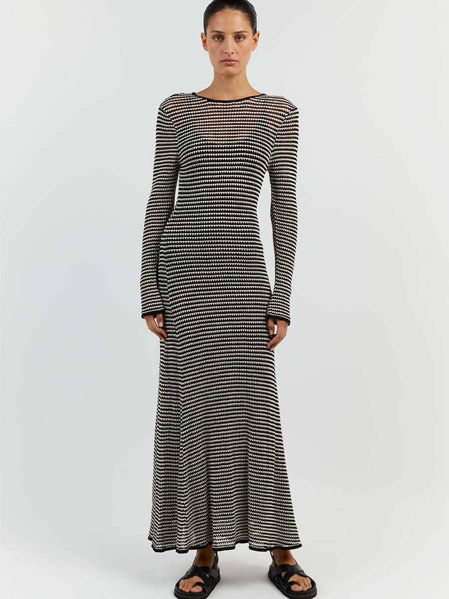 Mesh Striped Beach Vacation Knitted Hollow Outmaxi Dress